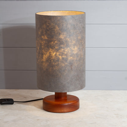 Round Sapele Table Lamp (15cm) with 20cm x 30cm Drum Lampshade in P53 - Pewter Grey