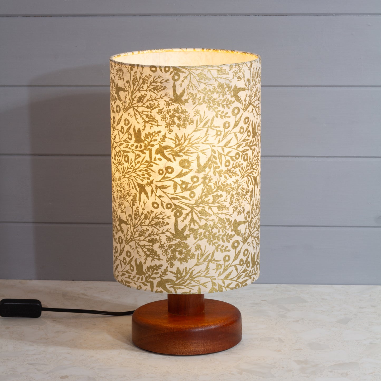 Round Sapele Table Lamp (15cm) with 20cm x 30cm Drum Lampshade in B135 ~ Gold Birds