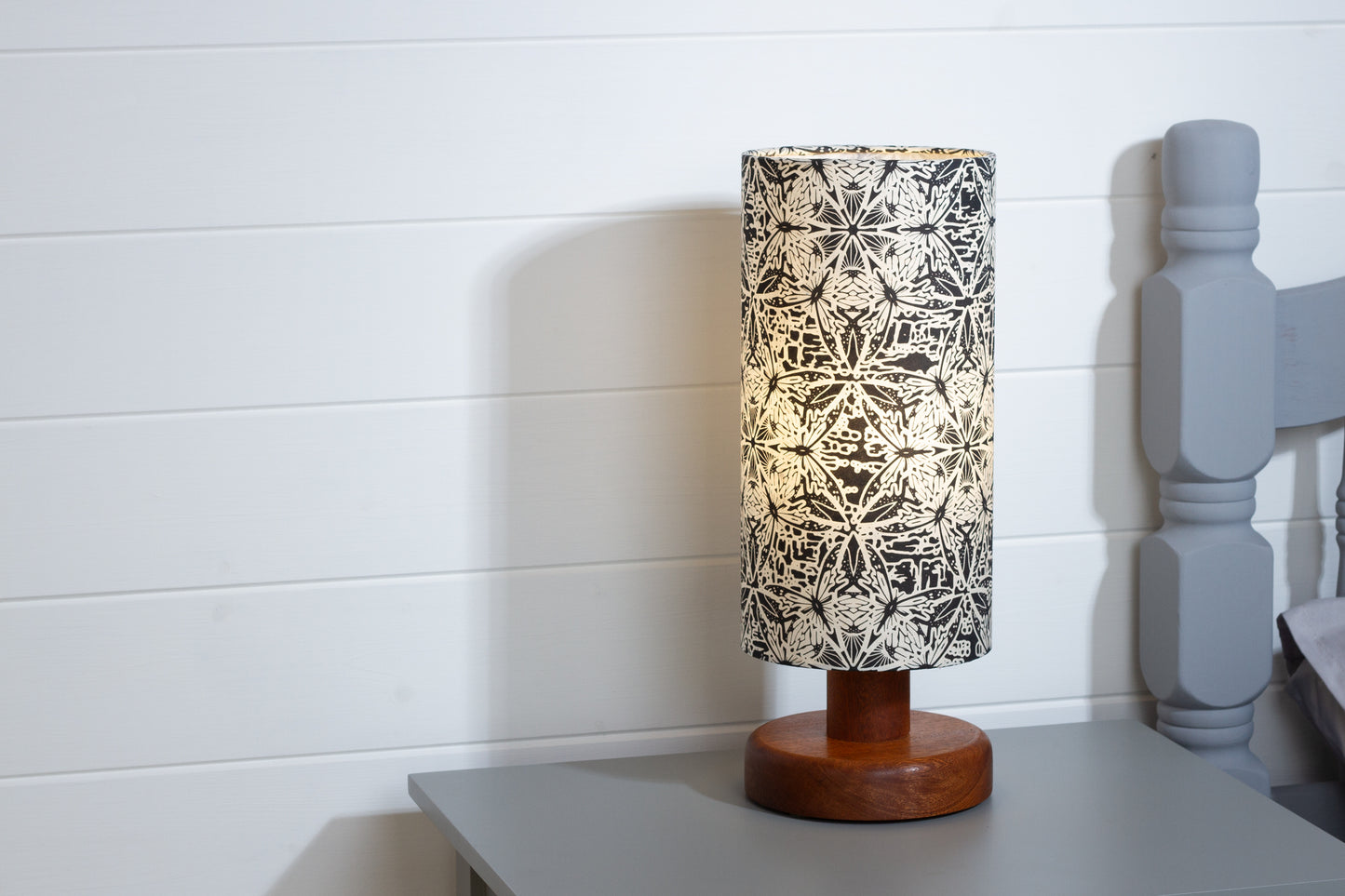 Round Sapele Table Lamp (15cm) with 15cm x 30cm Drum Lampshade in B136 ~ Butterfly Kaleidoscope Black