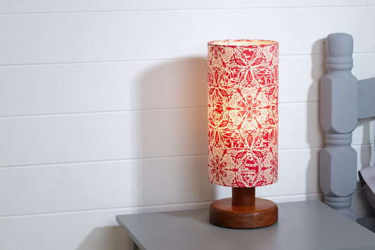 Round Sapele Table Lamp (15cm) with 15cm x 30cm Drum Lampshade in B137 ~ Butterfly Kaleidoscope Red