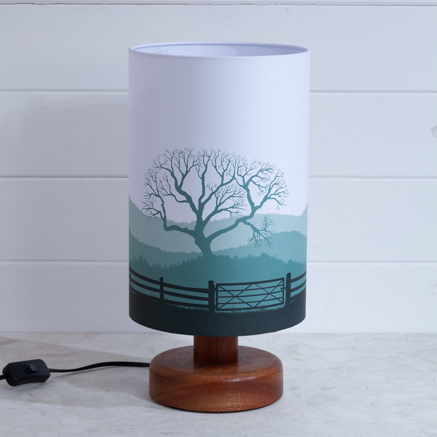 Round Sapele Table Lamp with 20cm x 30cm Lamp Shade in Landscape Gate Green