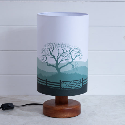Round Sapele Table Lamp with 20cm x 30cm Lamp Shade in Landscape Gate Green