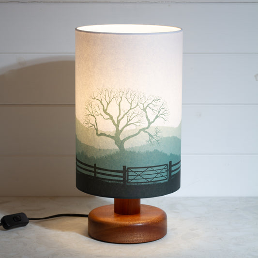 Round Sapele Table Lamp with 20cm x 30cm Lamp Shade in Landscape Gate Green