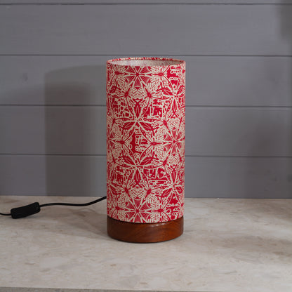 Round Sapele Table Lamp (15cm) with 15cm x 30cm Drum Lampshade in B137 ~ Butterfly Kaleidoscope Red
