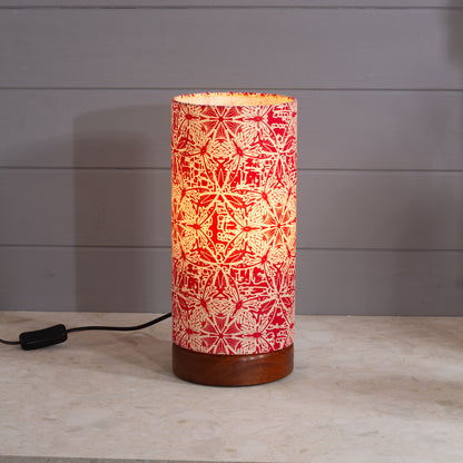 Round Sapele Table Lamp (15cm) with 15cm x 30cm Drum Lampshade in B137 ~ Butterfly Kaleidoscope Red