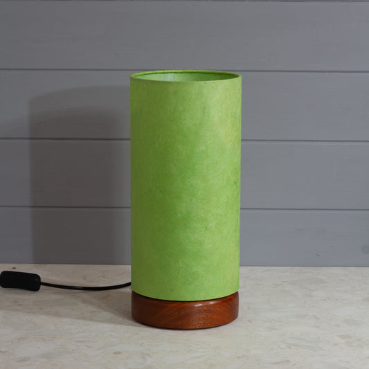 Flat Round Sapele Table Lamp with 15cm x 30cm Lampshade in P61 ~ Lime Green Lokta