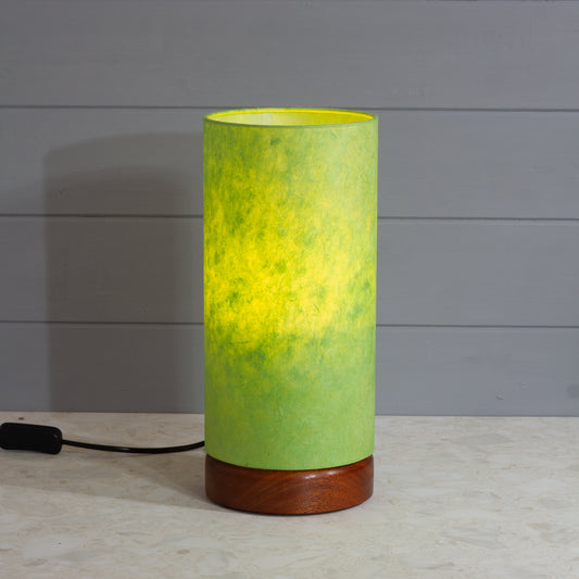 Flat Round Sapele Table Lamp with 15cm x 30cm Lampshade in P61 ~ Lime Green Lokta