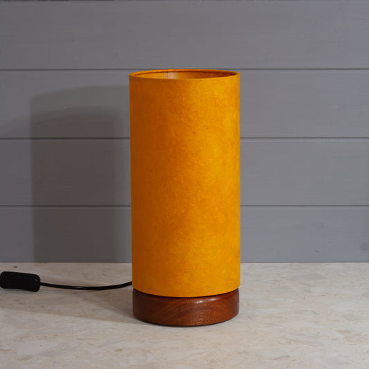 Flat Round Sapele Table Lamp with 15cm x 30cm Lampshade in P62 - Yellow Lokta