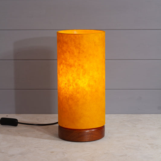 Flat Round Sapele Table Lamp with 15cm x 30cm Lampshade in P62 - Yellow Lokta