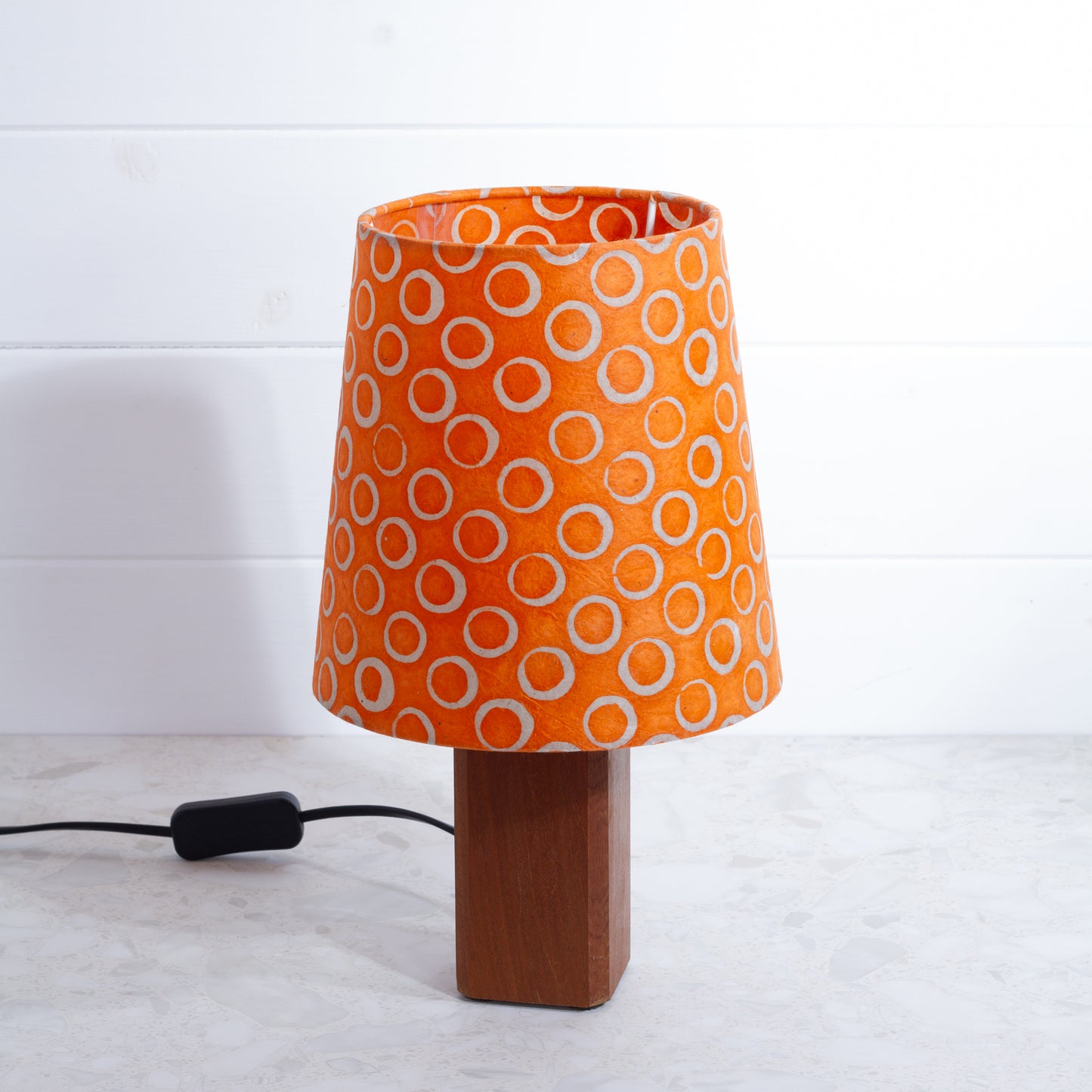 Conical Lamp Shade P03 - Batik Orange Circles Conical Shade on Soild Sapele Table Lamp