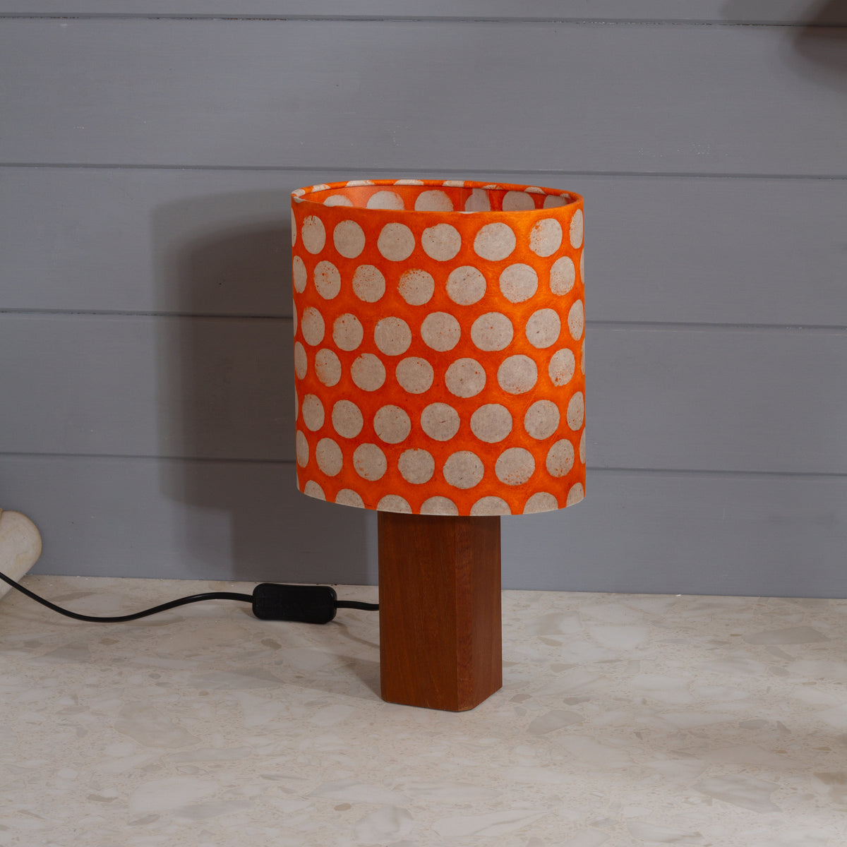 Square Sapele Lamp Base with Oval Lamp shade in B110 ~ Batik Dots on Orange