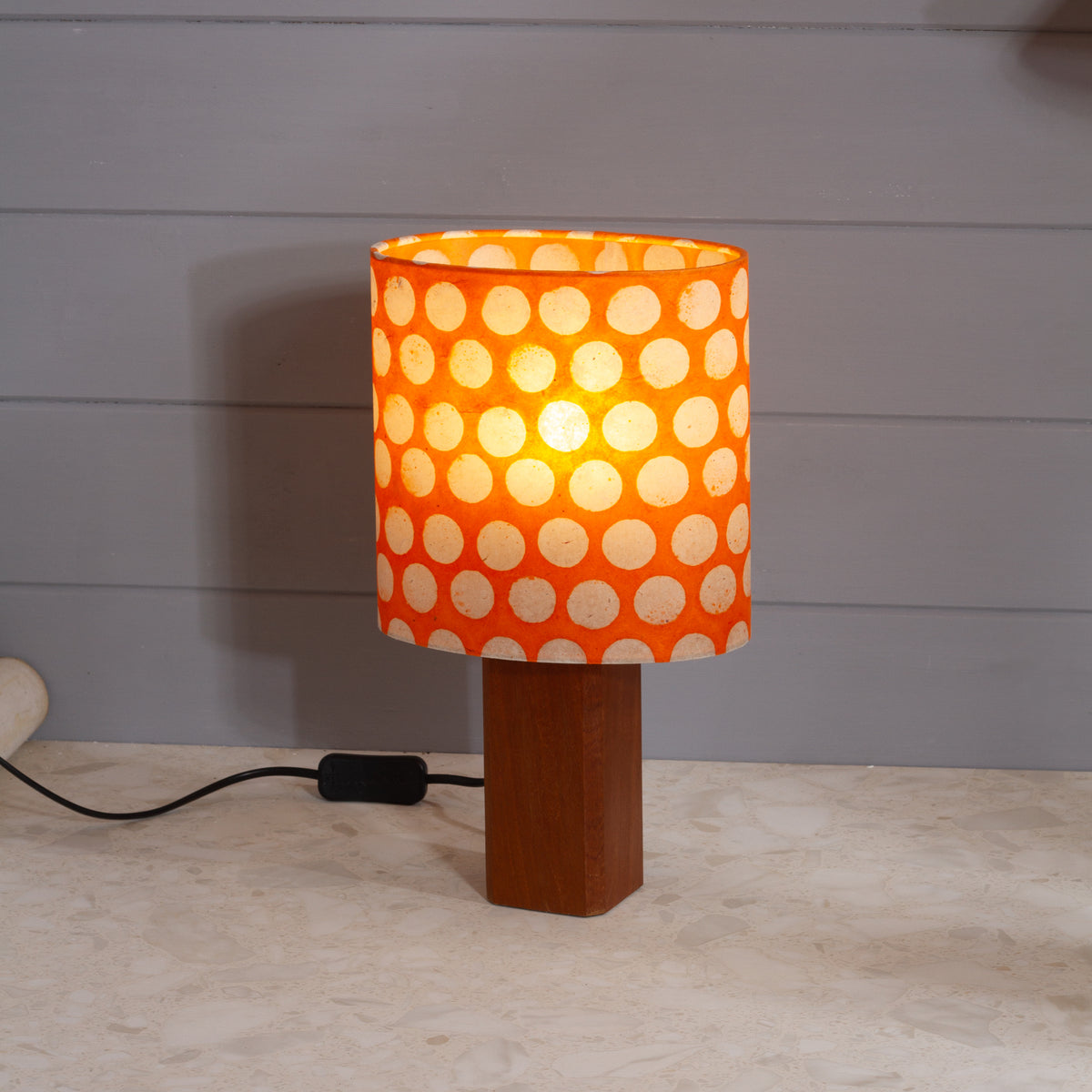 Square Sapele Lamp Base with Oval Lamp shade in B110 ~ Batik Dots on Orange
