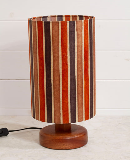 Round Sapele Table Lamp (15cm) with 20cm x 30cm Drum Lampshade in P07 ~ Batik Stripes Brown