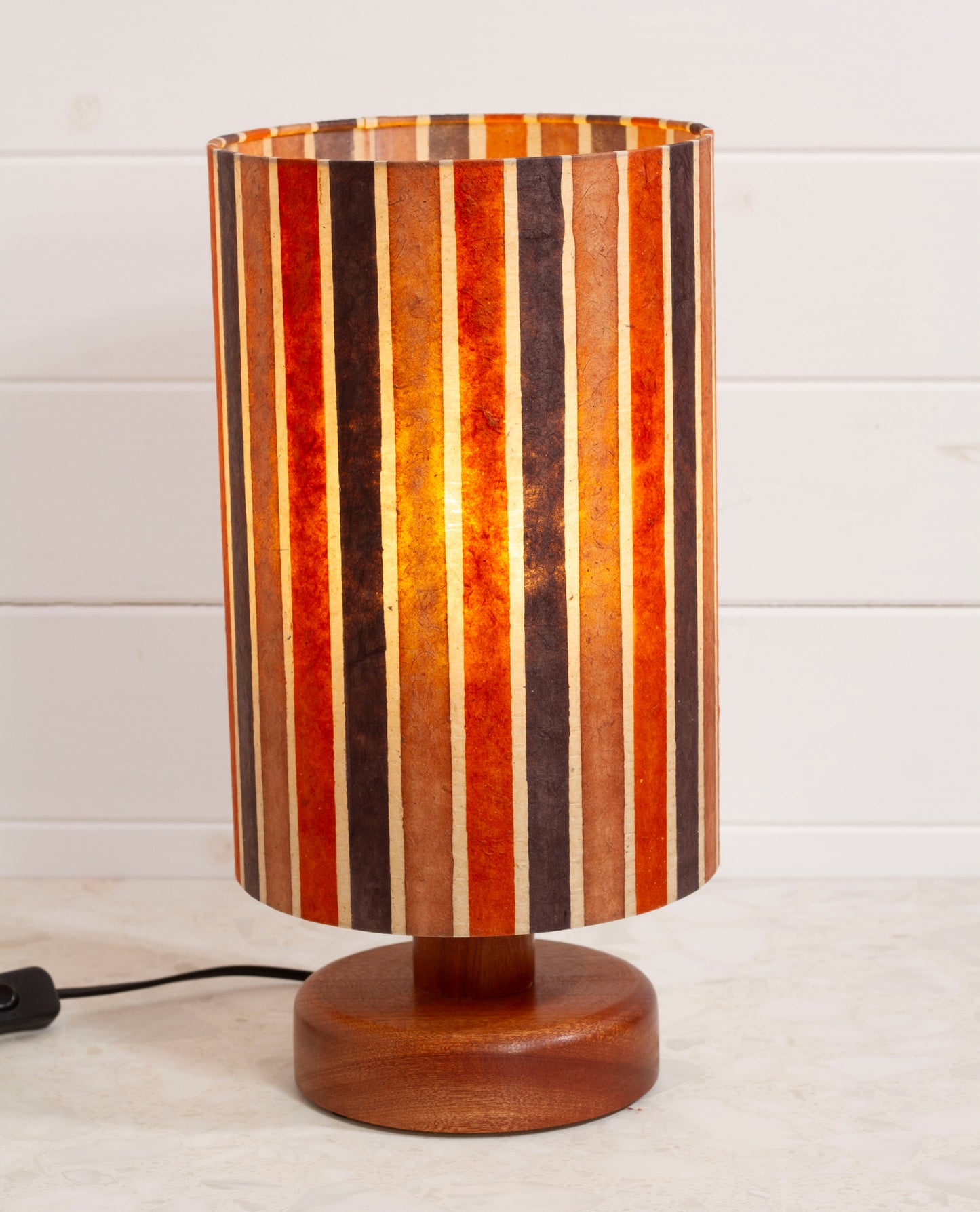 Round Sapele Table Lamp (15cm) with 20cm x 30cm Drum Lampshade in P07 ~ Batik Stripes Brown