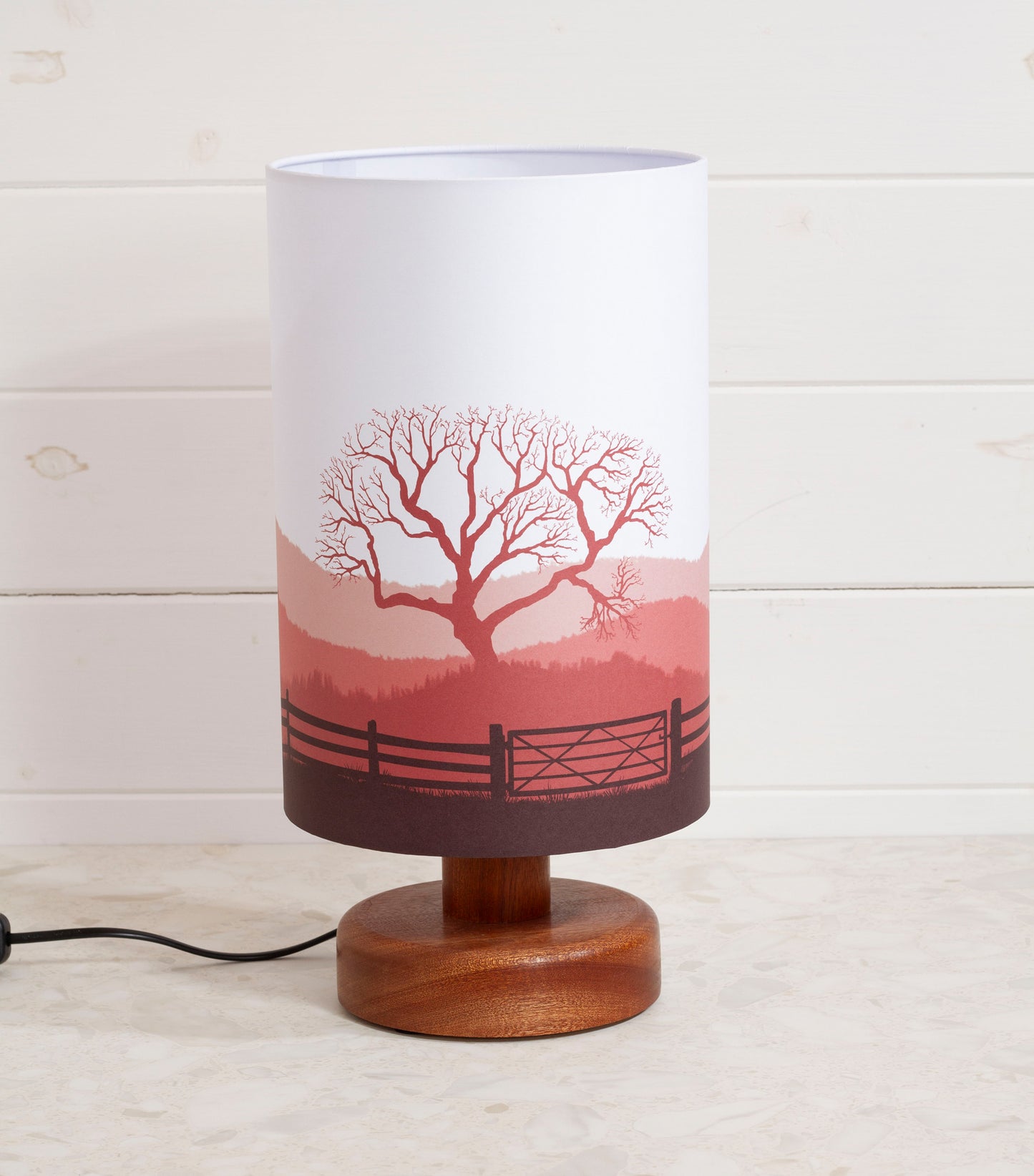 Round Sapele Table Lamp with 20cm x 30cm Lamp Shade in Landscape Gate Red