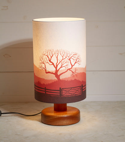 Round Sapele Table Lamp with 20cm x 30cm Lamp Shade in Landscape Gate Red