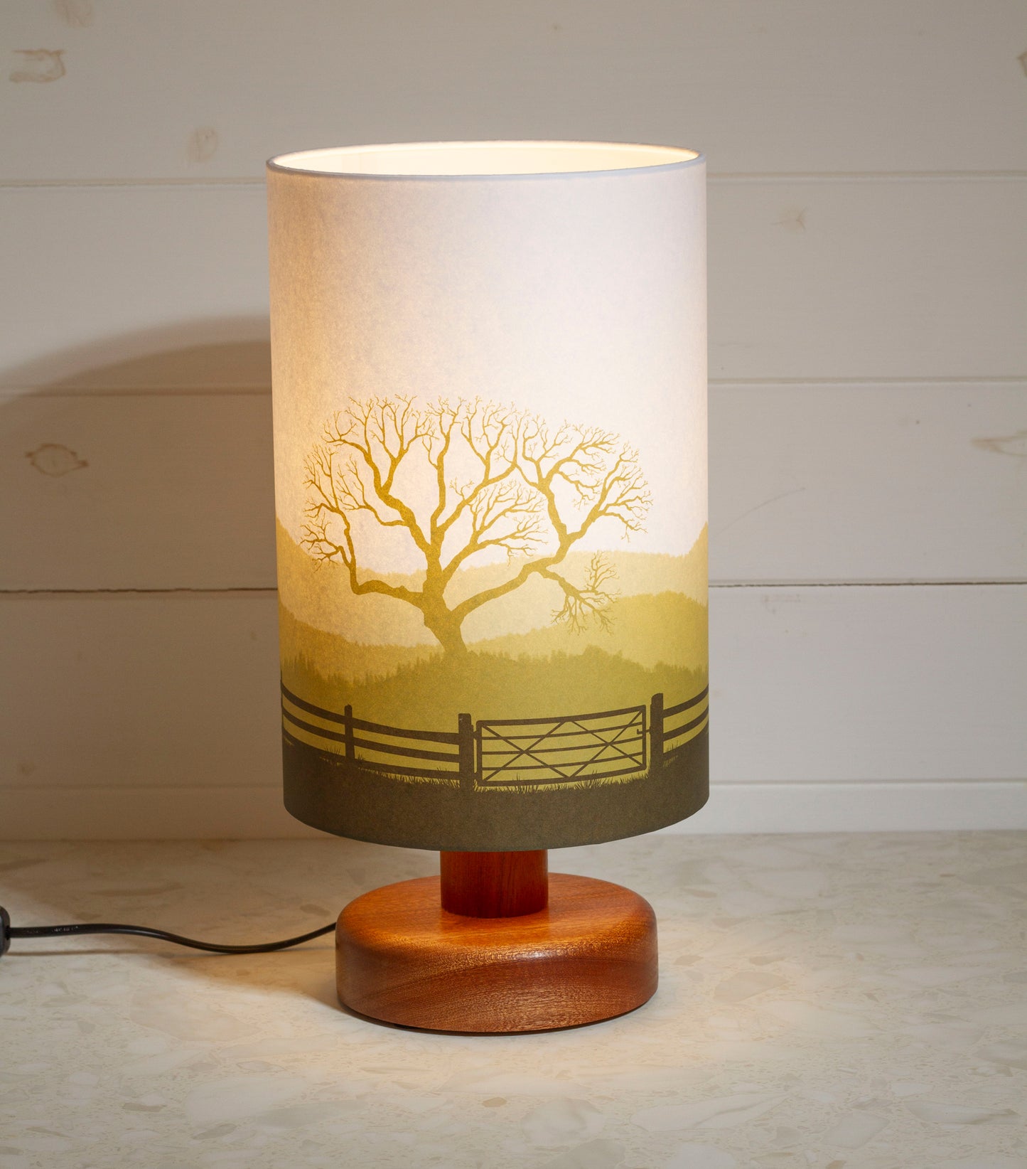 Round Sapele Table Lamp with 20cm x 30cm Lamp Shade in Landscape Gate Yellow