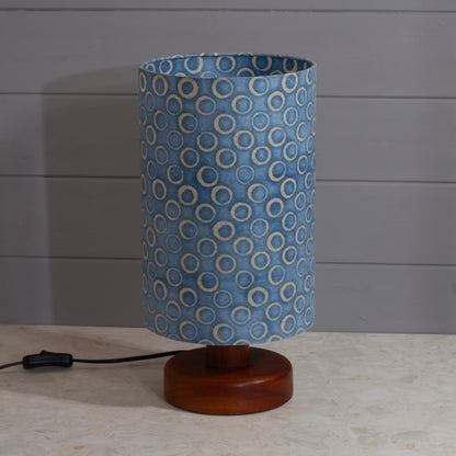 Round Sapele Table Lamp (15cm) with 20cm x 30cm Drum Lampshade in P72 - Batik Blue Circles
