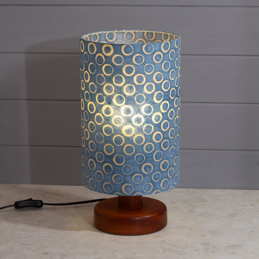 Round Sapele Table Lamp (15cm) with 20cm x 30cm Drum Lampshade in P72 - Batik Blue Circles