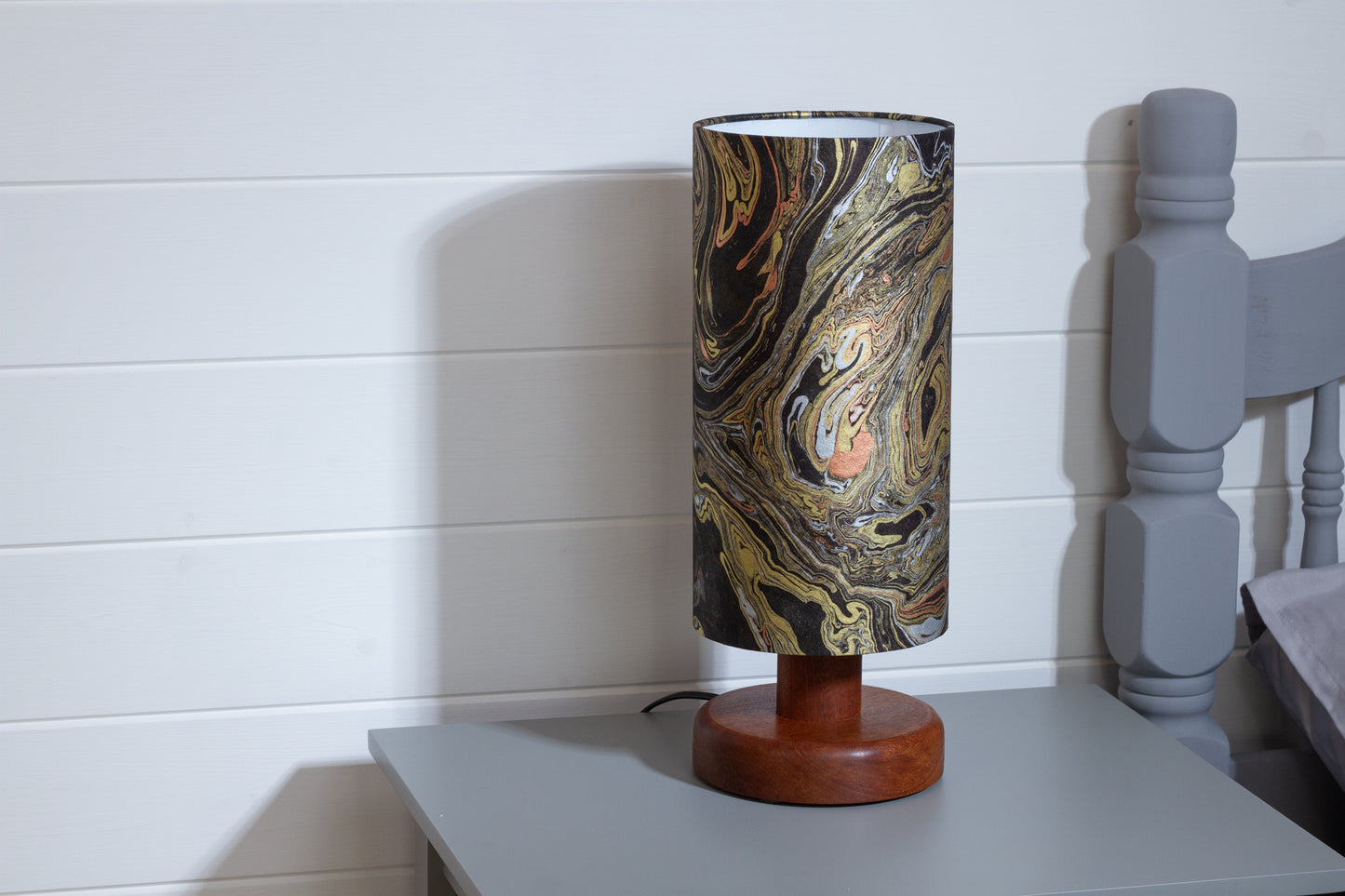 Round Sapele Table Lamp (15cm) with 15cm x 30cm Drum Lampshade in B132 ~ Metallic Marble