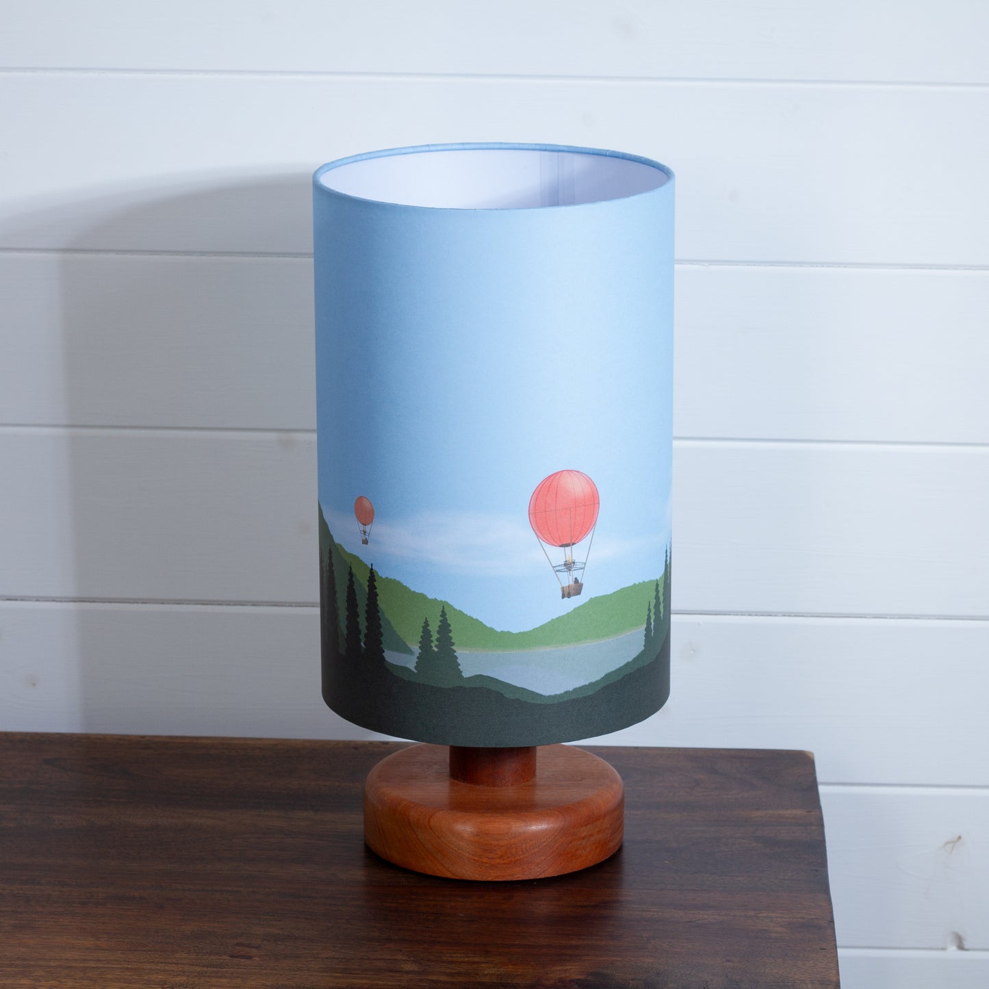 Round Sapele Table Lamp (15cm) with 20cm x 30cm Lamp Shade in Red Balloon Landscape
