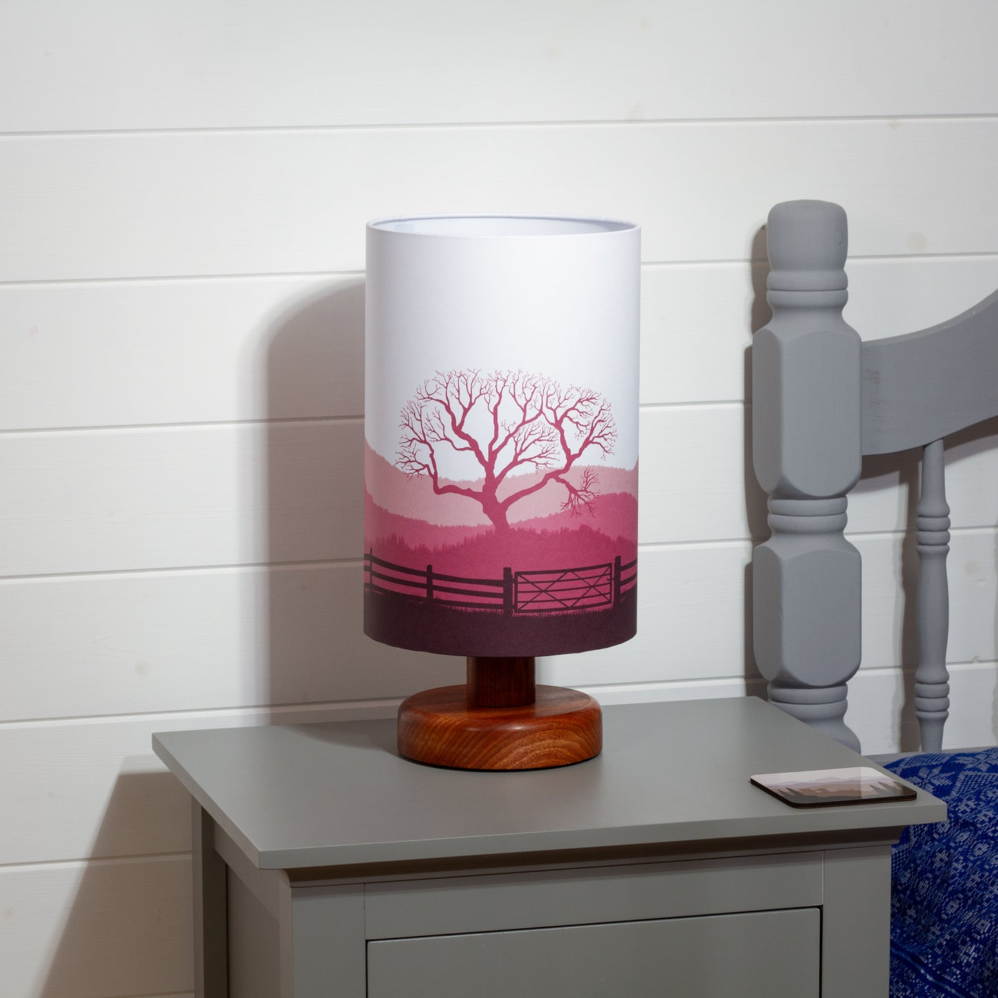 Round Sapele Table Lamp with 20cm x 30cm Lamp Shade in Landscape Gate Pink