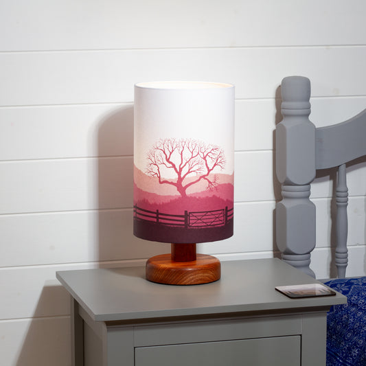 Round Sapele Table Lamp with 20cm x 30cm Lamp Shade in Landscape Gate Pink