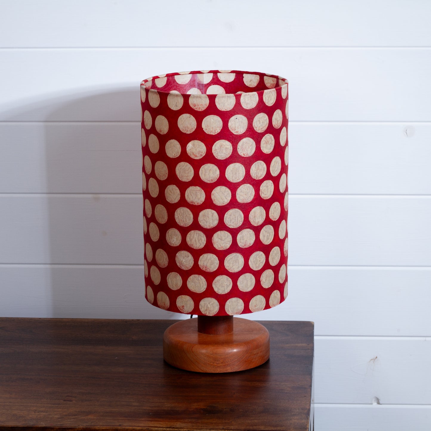 Round Sapele Table Lamp (15cm) with 20cm x 30cm Drum Lampshade in P84 ~ Batik Dots on Red