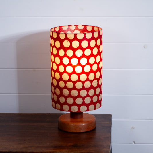 Round Sapele Table Lamp (15cm) with 20cm x 30cm Drum Lampshade in P84 ~ Batik Dots on Red