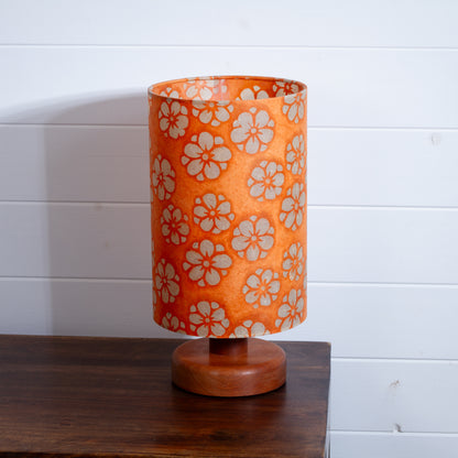 Round Sapele Table Lamp (15cm) with 20cm x 30cm Drum Lampshade in P94 - Batik Star Flower on Orange
