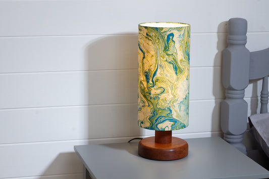 Round Sapele Table Lamp (15cm) with 15cm x 30cm Drum Lampshade in B133 ~ Atlas Marble