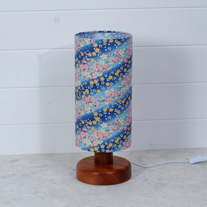 Round Sapele Table Lamp (15cm) with 15cm x 30cm Drum Lampshade in F120 ~ Cherry Blossom Blues Fabric