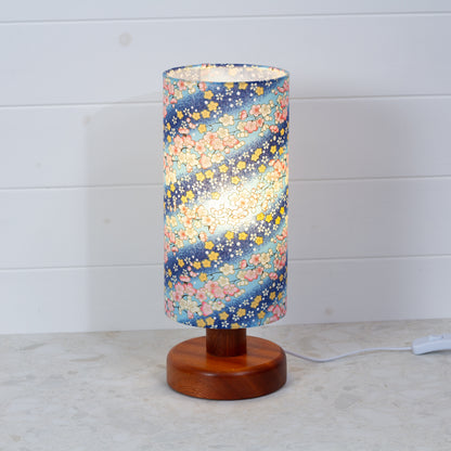 Round Sapele Table Lamp (15cm) with 15cm x 30cm Drum Lampshade in F120 ~ Cherry Blossom Blues Fabric