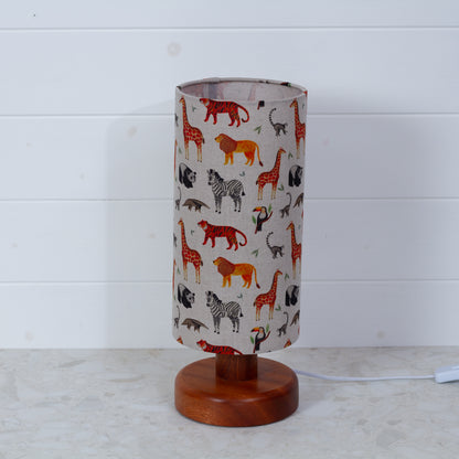 Round Sapele Table Lamp (15cm) with 15cm x 30cm Drum Lampshade in F100 ~ Zoo Animals Fabric