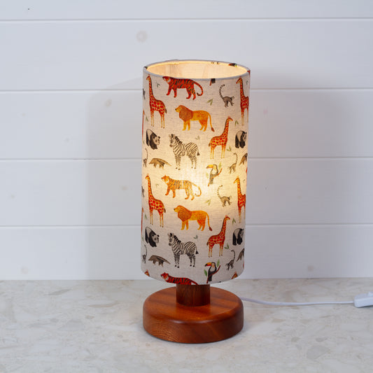 Round Sapele Table Lamp (15cm) with 15cm x 30cm Drum Lampshade in F100 ~ Zoo Animals Fabric