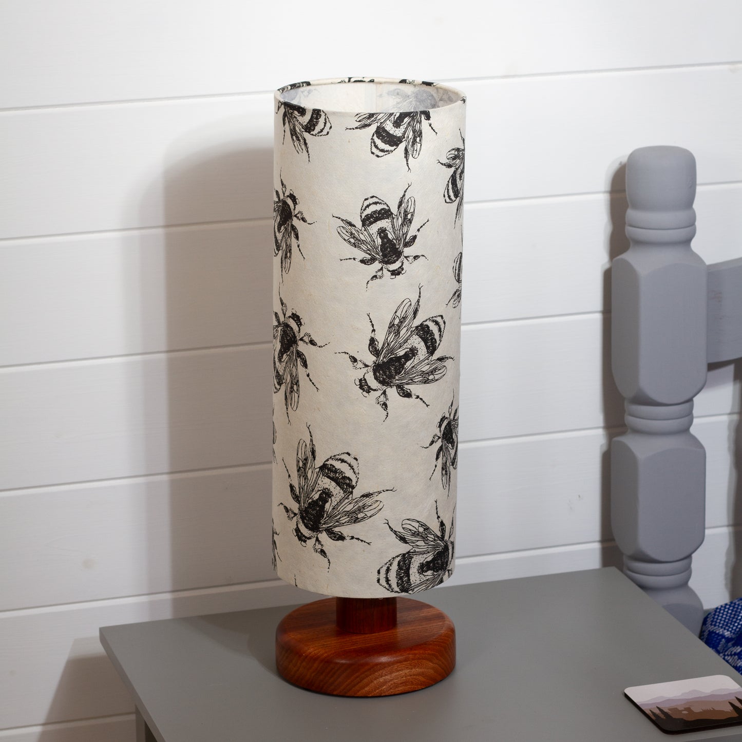 Round Sapele Table Lamp (15cm) with 15cm x 40cm Drum Lampshade in P42 - Bees Screen Print