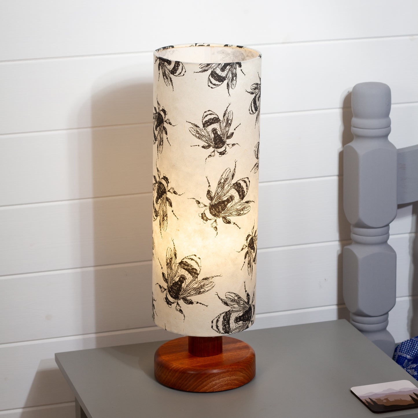 Round Sapele Table Lamp (15cm) with 15cm x 40cm Drum Lampshade in P42 - Bees Screen Print