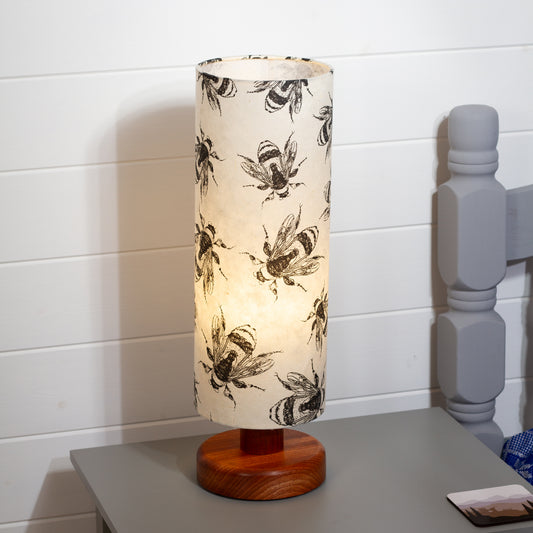 Round Sapele Table Lamp (15cm) with 15cm x 40cm Drum Lampshade in P42 - Bees Screen Print