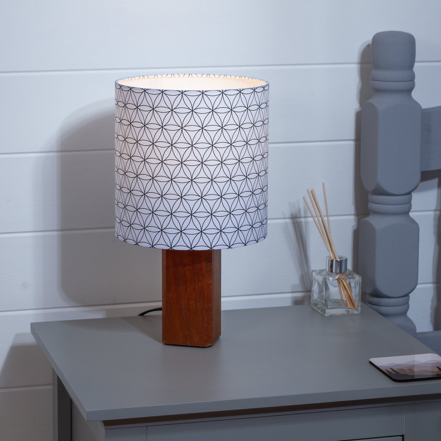 Square Sapele Table Lamp with 20cm Drum Lamp Shade B108 Flower of Life