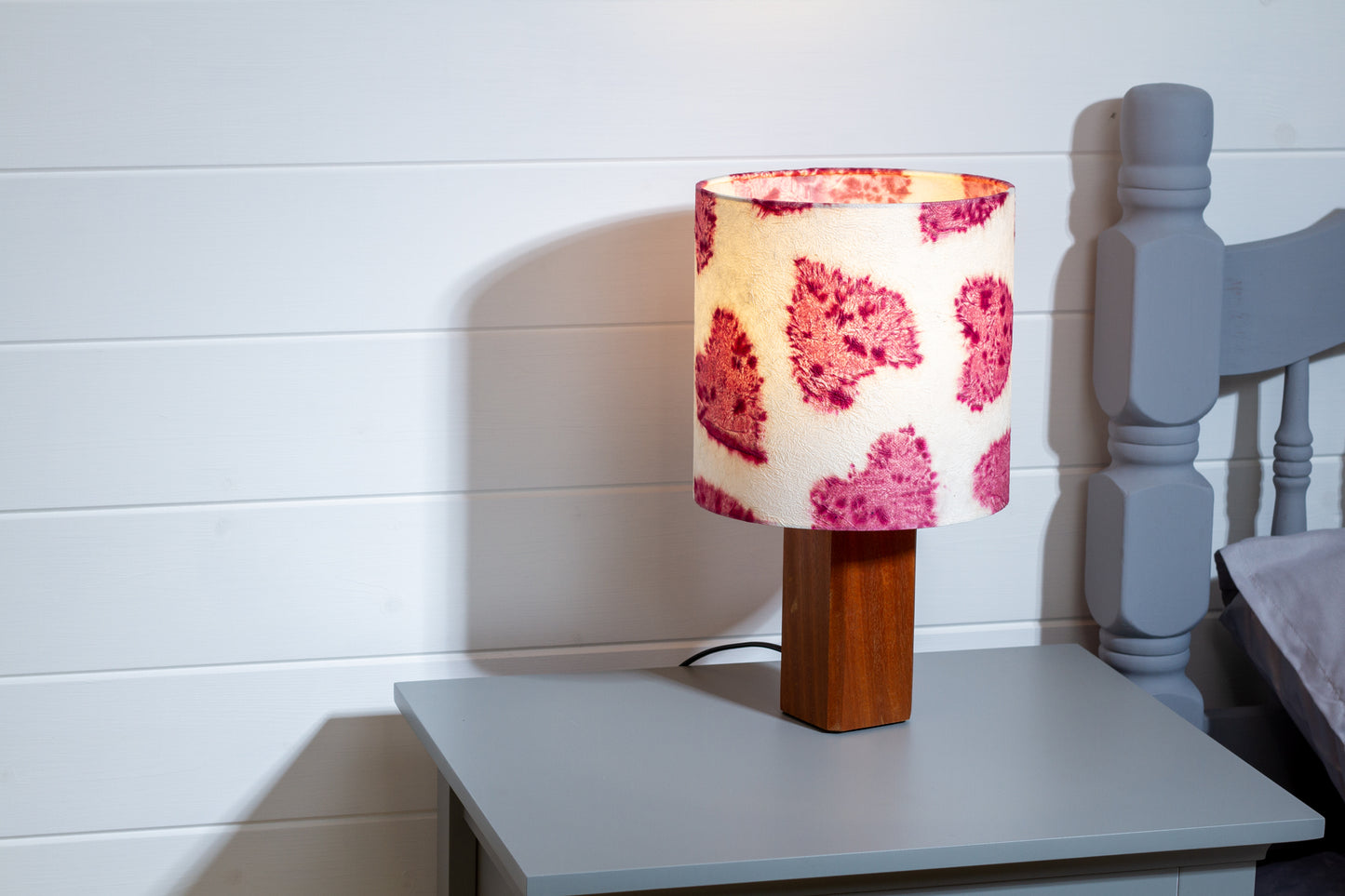 Square Sapele Table Lamp with 20cm Drum Lamp Shade B131 ~ Soft Hearts Rose