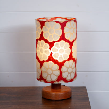 Round Sapele Table Lamp (15cm) with 20cm x 30cm Drum Lampshade in P18 - Batik Big Flower on Red