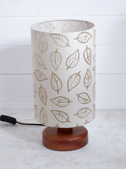 Round Sapele Table Lamp (15cm) with 20cm x 30cm Drum Lampshade in (P28) Batik Leaf on Natural