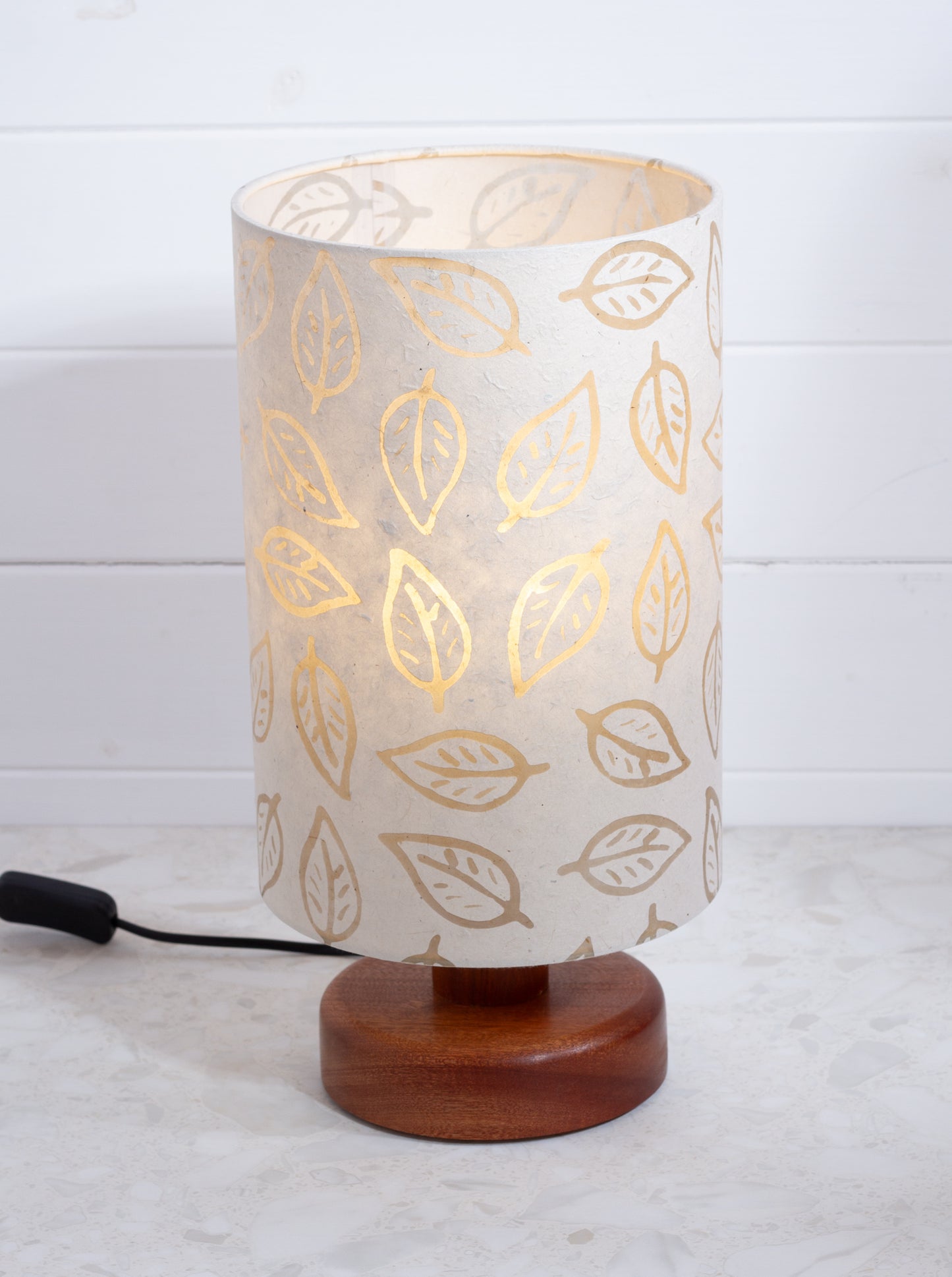 Round Sapele Table Lamp (15cm) with 20cm x 30cm Drum Lampshade in (P28) Batik Leaf on Natural