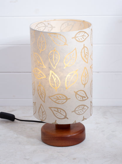 Round Sapele Table Lamp (15cm) with 20cm x 30cm Drum Lampshade in (P28) Batik Leaf on Natural
