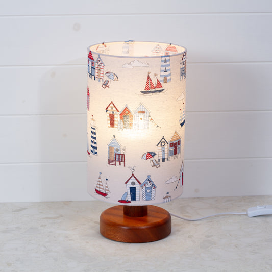 Round Sapele Table Lamp (15cm) with 20cm x 30cm Drum Lampshade in F130 ~ Beach Huts Fabric