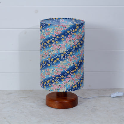 Round Sapele Table Lamp (15cm) with 20cm x 30cm Drum Lampshade in F120 ~ Cherry Blossom Blues Fabric