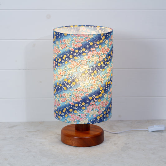 Round Sapele Table Lamp (15cm) with 20cm x 30cm Drum Lampshade in F120 ~ Cherry Blossom Blues Fabric