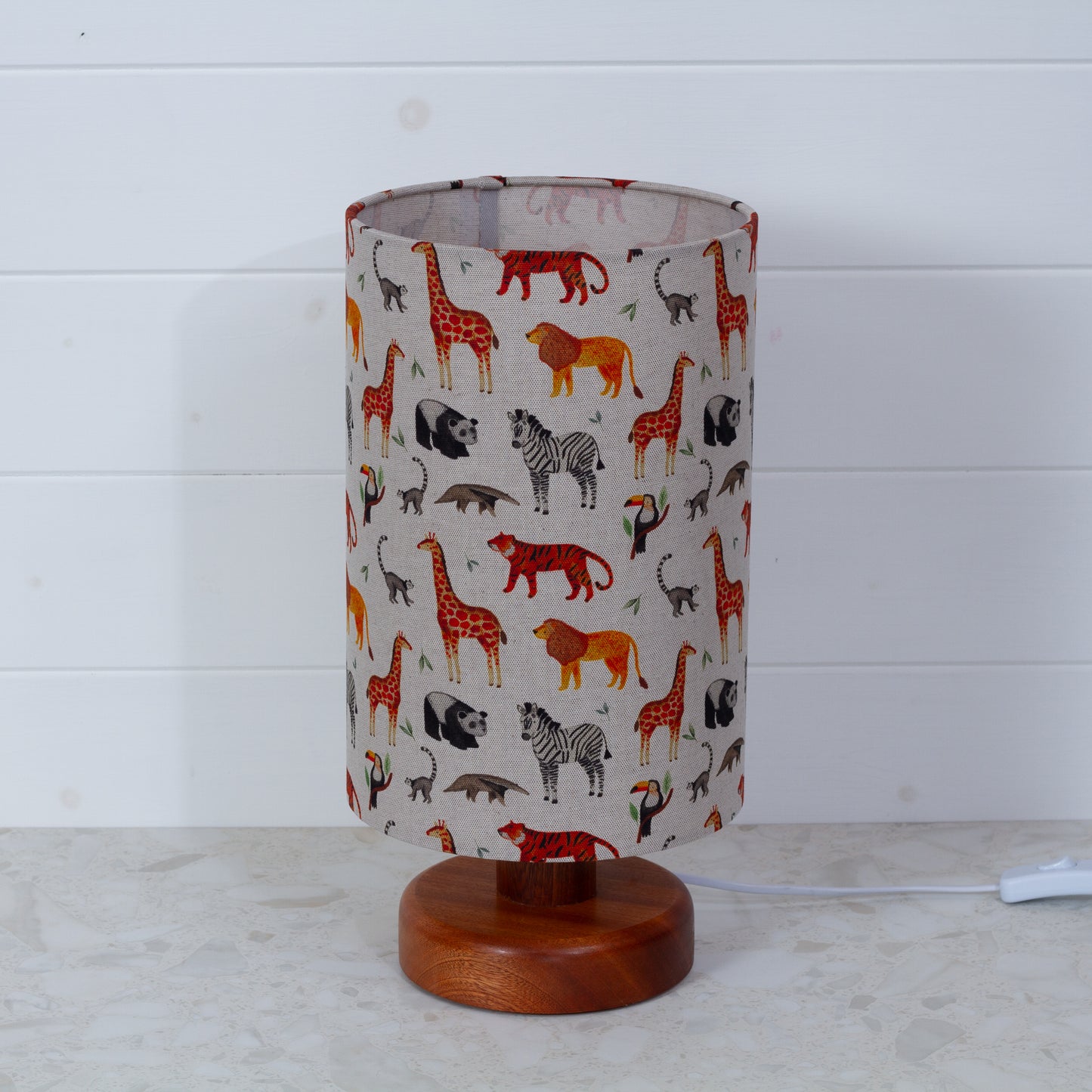 Round Sapele Table Lamp (15cm) with 20cm x 30cm Drum Lampshade in F100 ~ Zoo Animals Fabric