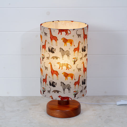 Round Sapele Table Lamp (15cm) with 20cm x 30cm Drum Lampshade in F100 ~ Zoo Animals Fabric