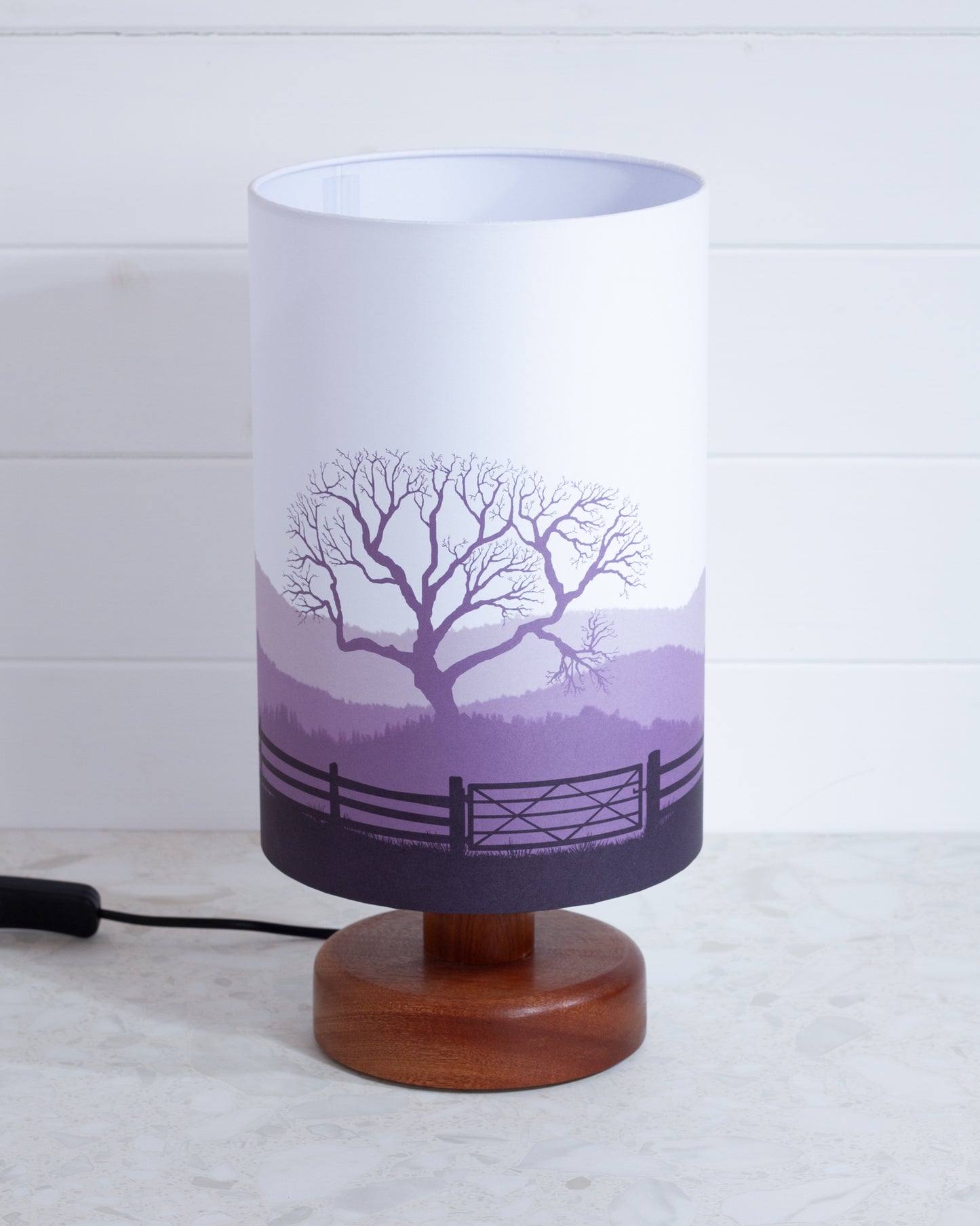 Round Sapele Table Lamp with 20cm x 30cm Lamp Shade in Landscape Gate Purple